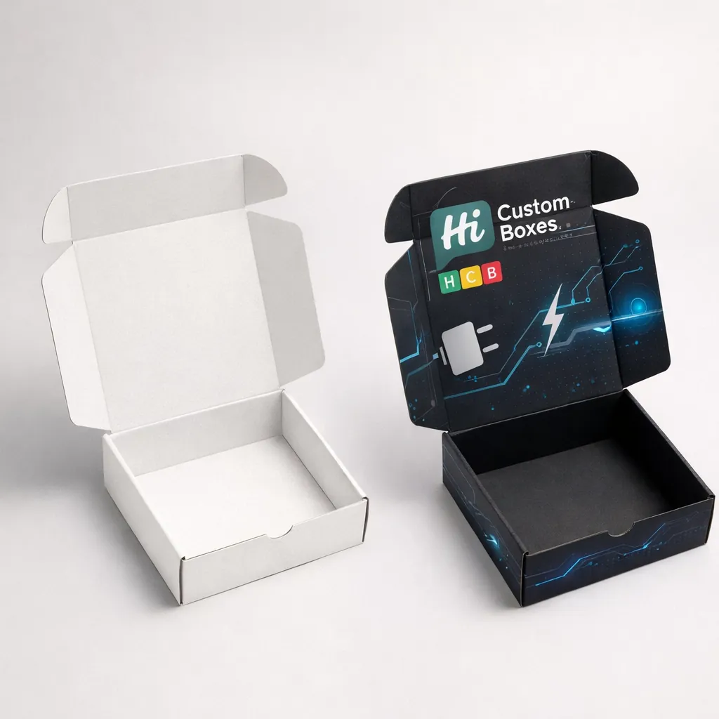 Two open cardboard mailer boxes, one plain white and one black with blue digital circuit designs. class=